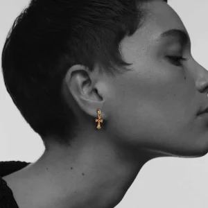 22K Gold Baby Cross Charm Earrings With Rubies