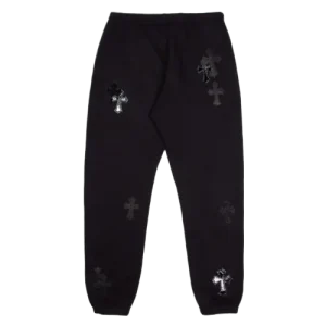 Black Chrome Heart Sweatpants Mixed Cross Patch