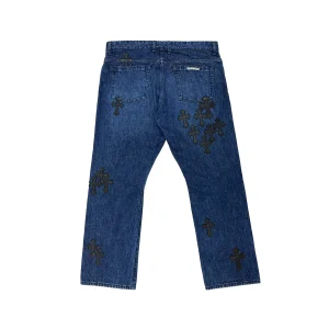Black Cross Leather Patch Flame Knee Jeans