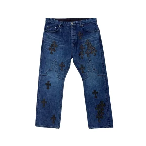 Black Cross Leather Patch Flame Knee Jeans