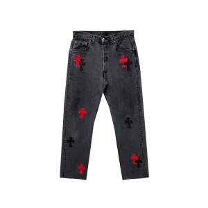 Black&Red Cross Patch Grey Jeans
