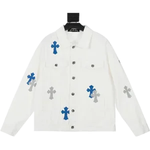 Chrome Hearts White Denim Jacket Gray Blue Patch